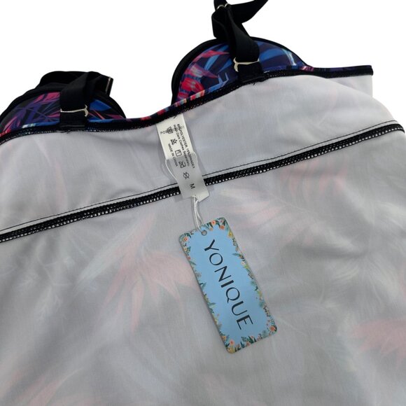 Yonique Women M Tropical Floral Print Tankini Top Adjustable Straps Padded Cups - Picture 3 of 9